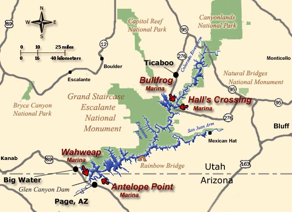 carte du lake powell and clen canyon national area, utah